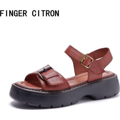 Finger Citron Women Sandal Shoes Genuine Cow Leather Round Toe Pu Outsole Light Height By Handmade Lady Style Size 35-41
