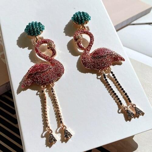 Origin Summer Bling Bling Rhinestone Red Color Bird Dangle Earring for Women Girls Trendy Long Tassel Drop Earring Jewelry