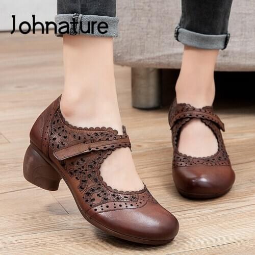 Johnature Spring/Autumn Retro Pumps Women Shoes Genuine Leather Hook & Loop Round Toe Hadnamde Concise Shallow Ladies Shoes