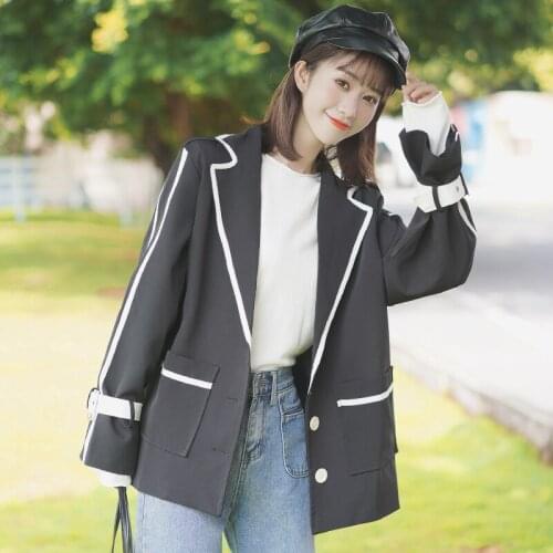 2021 Autumn Women Blazer Jacket Striped Spliced Fashion Single Breasted Black Suit Jacket Pocket Lapel Loose Blazer Coat Female