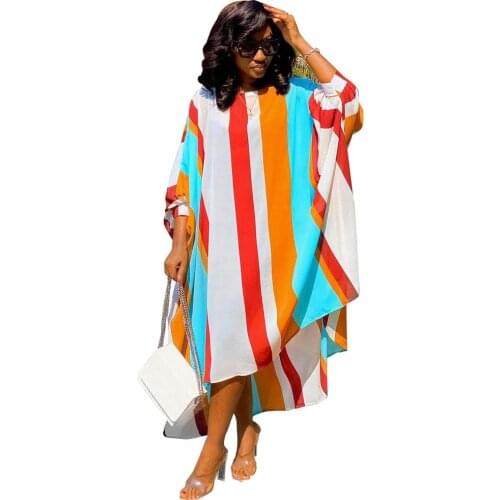 2020 Autumn Women Striped Printed Chiffon Casual Dress Newest Loose Batwing Long Sleeves Crew Neck Short Front Long Back Leisure