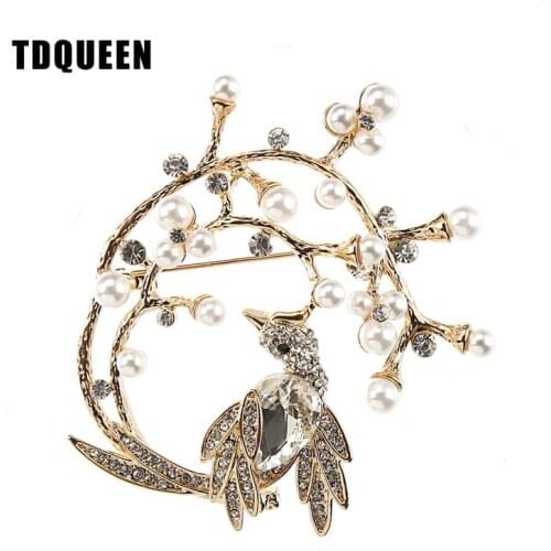 Fashion Crystal Bird Brooch Gold Color Metal Simulated Pearl Large Brooches for Women