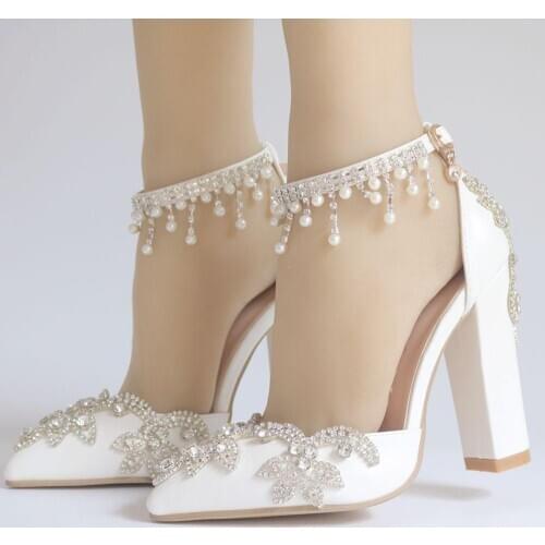 Tassel White 11CM Rhinestone Sandals Pointed Shoes Women Sweet Luxury Platform Wedges Shoes Wedding heels High Heels