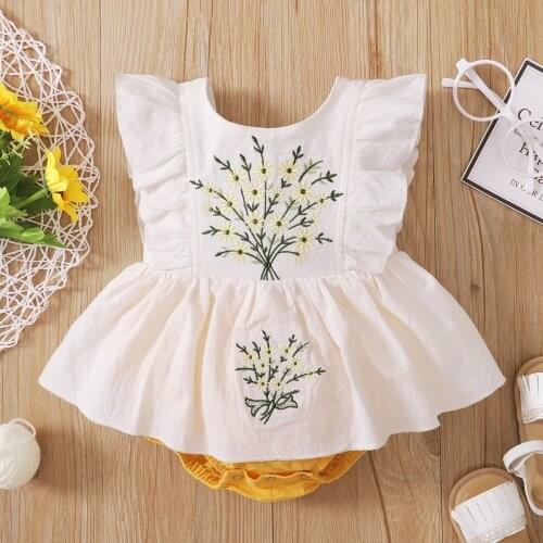 Newborn Baby Girl Jumpsuist Sweet Flying Sleeve Romper Fashion Cotton Summer Flower Embroidery Backless Ruffles Playsuits
