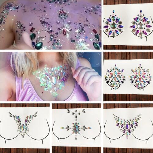 Breast Flash Gem Fake Tattoo Sticker 3D Shining Temporary Chest Jewels Sticker For Show Sharp Diamond WomenS Fashion Decoration