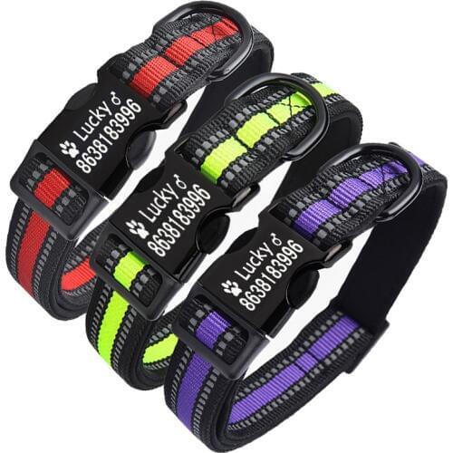 Dog Name Collars Reflective Safety Pet Collar Galvanized Black Buckle Engraved Personalized Dog Collar for Medium Big Dogs