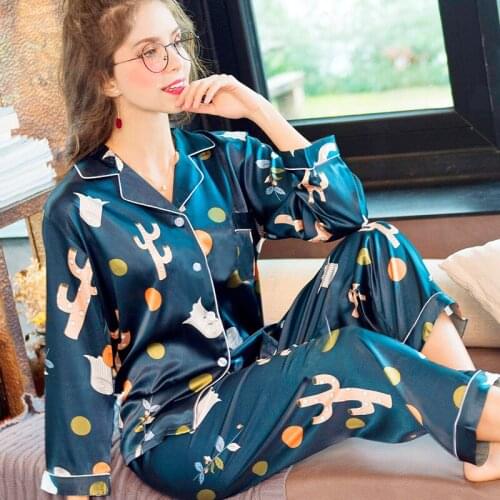 Women Pajamas Set Sleepwear Long Sleeve Sexy Lingerie Nightwear Silk Satin Pyjamas Simple Style Home Service Pjs Suit 2Pcs