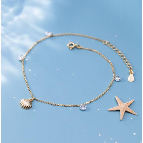 1pc Authentic REAL. 925 Silver Sterling White/ Gold SHELL Shape &Crystals Anklet Bracelet Fine Jewelry GTLS913
