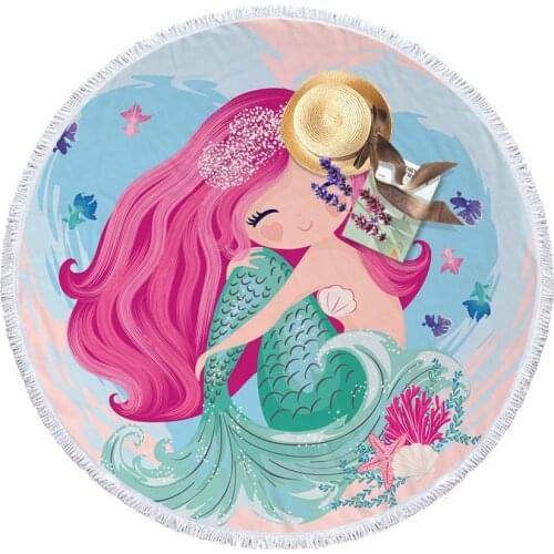 Cartoon Mermaid Microfiber Towel Large Round Beach Towel For Adults Kids Summer Toalla Tassel Blanket Tapestry 150cm