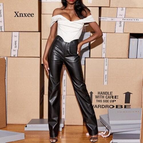 Straight Solid Streetwear Womens Trousers Buttons High Waist Pu Bodycon Trousers Pockets Autumn Winter Woman Pants