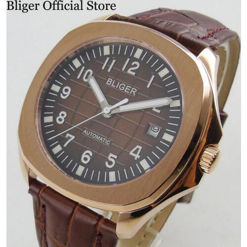 Luxury Automatic Mens Watch Auto Date 39mm Wristwatch Gold Case With Leather Strap