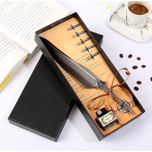 Retro Vintage Calligraphy Feather Pen Long Hair Crown Rod Office Writing Stationery Set Exquisite Black Box Packaging