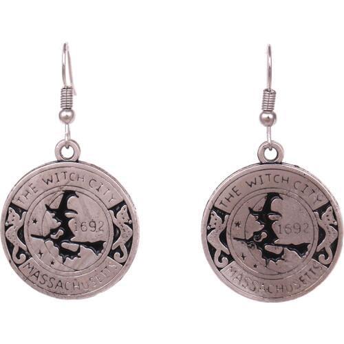 Norse Viking Earring Features a Salem Witch on Broom, with two cats, stars, and crescent Moon