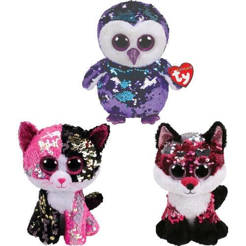 Ty Sequins Flippables Animal Plush Toys Doll Malibu The Cat Moonlight The Owl Jewel the Fox Best Christmas 15cm