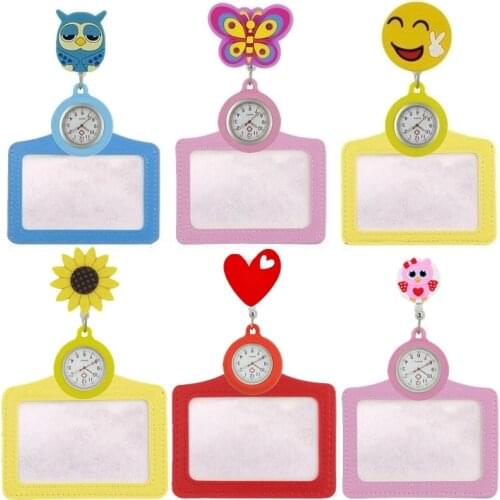 Unisex mens women nurse doctor cartoon animal lovely pocket watches 2 in 1 Retractable Badge Reel office working Card Holders