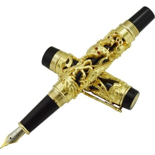 Jinhao Dragon Phoenix Vintage Luxurious Fountain Pen, Metal Carving Embossing Heavy Pen, Noble Golden & Black for Office School
