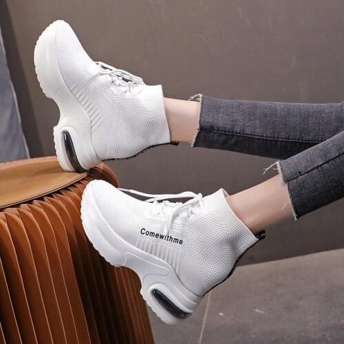 High top sneakers women breathable socks shoes for women elastic stretch boots Light chunky platform sport shoes women white