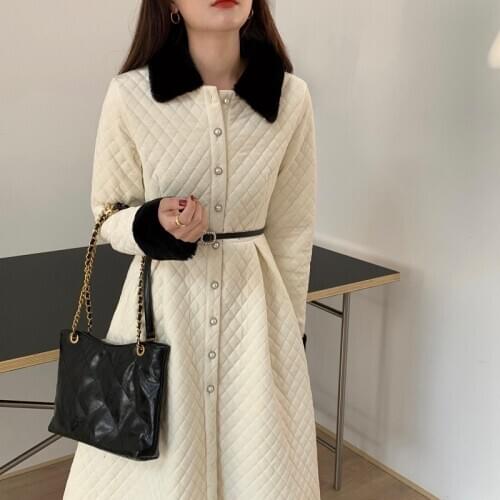 Women Autumn Winter Loose Elegant Pearl Buttons A-line Long Parkas Patchwork Cotton Coat Jacket Fur Collar Argyle Overcoat