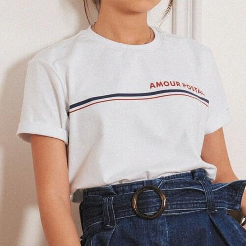 Striped Pattern Tee Woman Cotton Letter Print T shirt Loose T shirt Elegant Retro Minimalism 2021 Chic Casual Top T shirts Femme