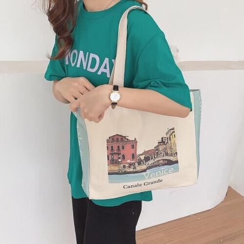 Venice Print Women Canvas Shoulder Bag Large Capacity Female Environmental Cotton Cloth Shopping Bags Eco Handbag Tote For Girls