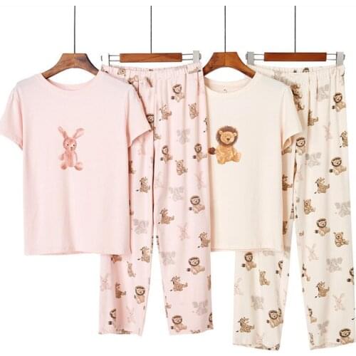 Japanese-style Womens Summer Home Clothes Pajamas Cartoon Print Sleepwear Trouser Suits Soft Solid Cotton 2 Pieces Pyjama Femme