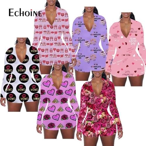 Echoine Women Sexy adult Onesies Jumpsuit Sleepwear Valentines Day Shorts Sleeve V Neck Bodycon Bodysuit pajamas Rompers Pants