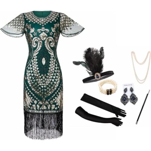 1920s Accessories Vintage Sequins Dress Headband Necklace Gloves Cigarette Holder Flapper Costume Accessories Set for Women New