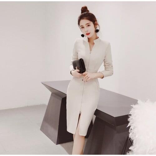 2021 Autumn Zippers Bodycon Dresses Stand Collar Long Sleeve Womens Dress Bandage Office Lady Vintage Party Midi Dress Vestidos