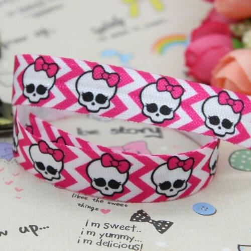 5/8 inch Free shipping Fold Over Elastic FOE monster high skull printed ribbon headband diy decoration wholesale OEM B107