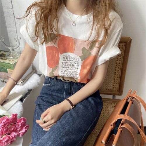 Printed Short Sleeve White T-shirt Womens Loose Korean Version Summer 2021 New Design Sense Niche Top T-shirt Fashion