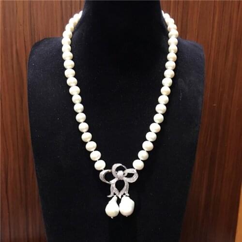 Design 9-10mm white natural freshwater pearl necklace baroque pendant micro inlay zircon accessories fashion jewelry