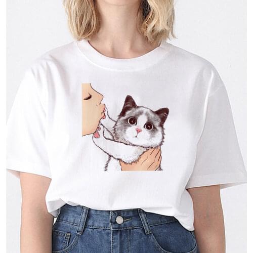 Harajuku Kiss Cats T Shirt Women Aesthetic shirt Ullzang Vintage 90s tshirt New Fashion Tops Tees Female Tumblr Clothing