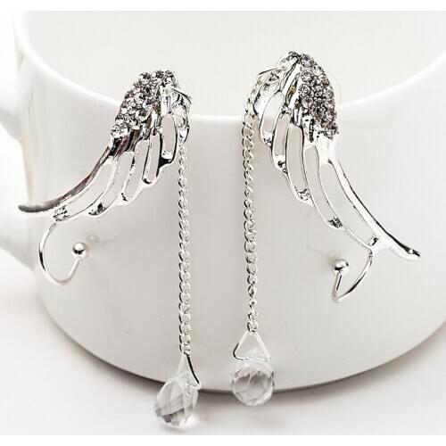Exquisite Exaggerated Fashion Dangling Tassel Rhinestone Drop Angel Wing Silver Plated Alloy Clip Earrings For Women Ear Cuff