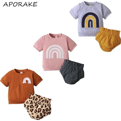 2021 0-18M Newborn Baby Girl Clothes Set Rainbow Patch Short Sleeve T-shirt+Dot/Leopard Print Triangle Shorts Summer Sweet 2pcs