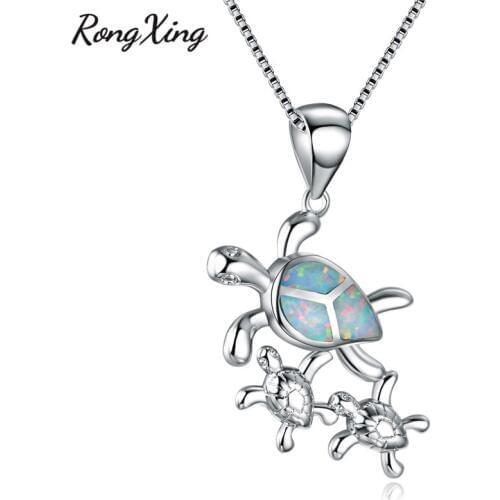 RongXing White Fire Opal Mom & Baby Turtle Pendant Necklaces For Women Silver Color Animal Jewelry Necklace NL0145
