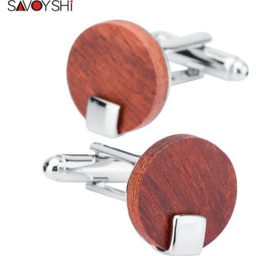 SAVOYSHI Fashion Wooden Shirt Cufflinks for Mens High Quality Round Red Wood Cuff links Wedding Gift