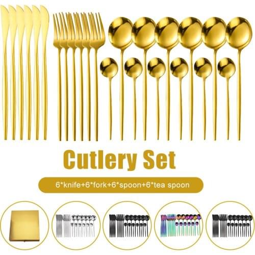 24pcs Gold Dinnerware Set Stainless Steel Tableware Set Knife Fork Spoon Flatware Dinner Luxury Cutlery Set Kitchen Tableware