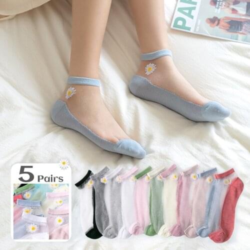 5Pairs/Lot Women Socks for summer Ultra-thin Transparent Cass Glass fiber Silk Socks Fashion daisy Flower Japan Ankle Socks