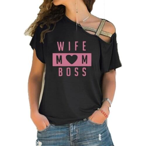 2020 New WIFE MOM BOSS Plus Size T Shirt Women Short Sleeve streetwear Girls T-shirt Irregular Skew Cross Bandage Tee Tops