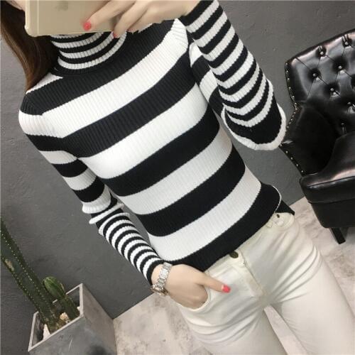2019 Autumn Winter Women Sweaters Turtleneck Stripe Pullovers Slim Casual Jumper Ladies Knitted Sweater Pull Femme Clothing R923