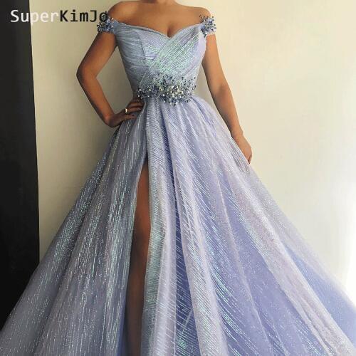 SuperKimJo Deep V Neck Prom Dresses 2020 Beaded Off the Shoulder Elegant Arabic Prom Gown Vestido De Festa