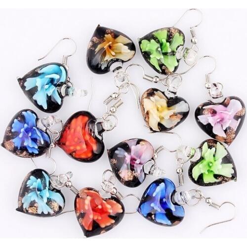 QianBei 6Paris Fashion Charming Heart Lampwork Glass Pendants Earrings Flower Silver Hook Earring Jewelry Wholesale F