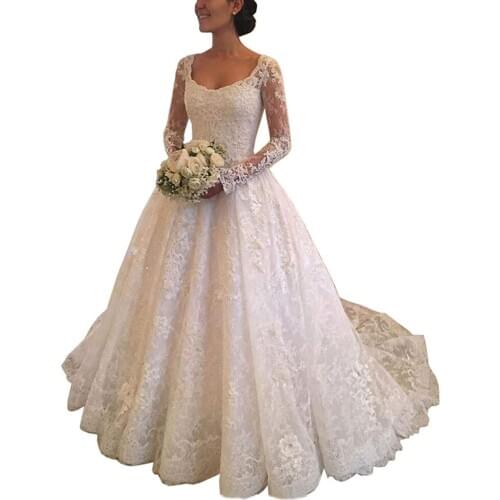 Modest Lace Wedding Dress for Bride 2021 Long Sleeve Scoop Neckline Bridal Gown vestido de noiva