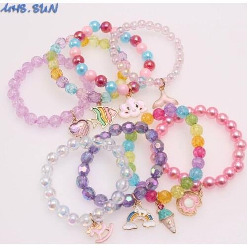 MHS.SUN 4Pcs Cute Heart/Unicorn/Ice Cream/Rainbow Pendant Beads Bangles Bracelets Girls Child Elastic Beaded Jewelry Colorful