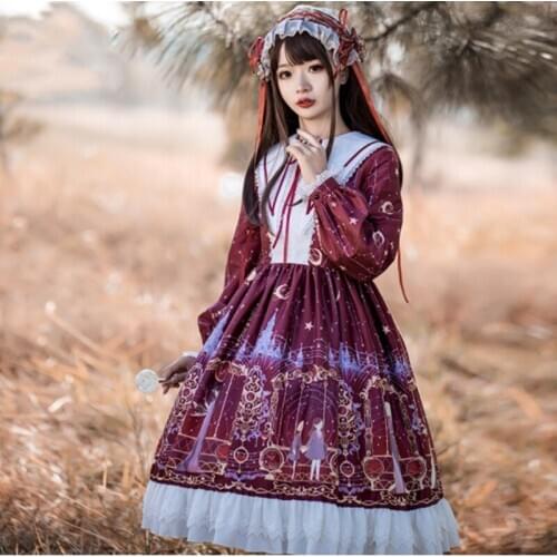 Japanese sweet lolita dress vintage lace peter pan collar cute printing victorian dress kawaii girl gothic lolita op loli cos