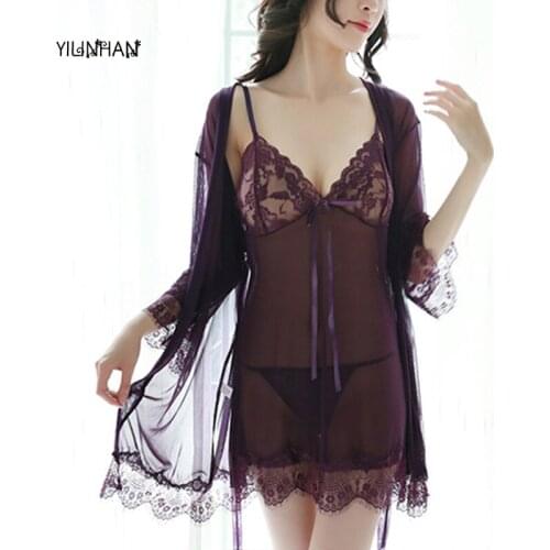 YILINHAN 2021 New Three-piece Lace Sexy Pajamas Adult Sexy Lingerie See-through Dress Ladies Mesh Sling Nightdress