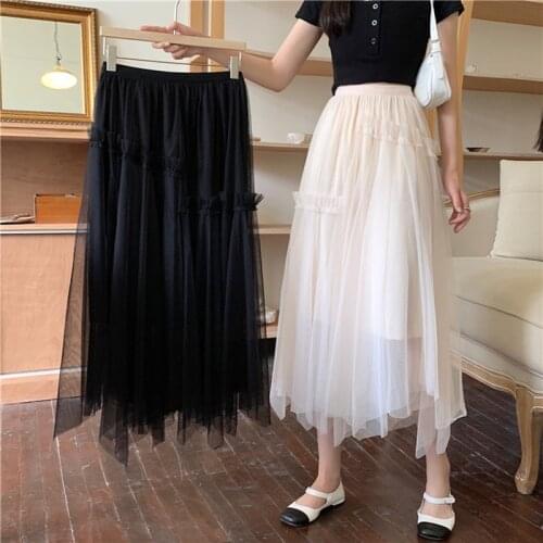 Black Mesh Pleated Maxi Korean Fashion High-Waisted Vintage Spring Autumn Summer WomenS Clothing Skirts Vetement Femme 2021