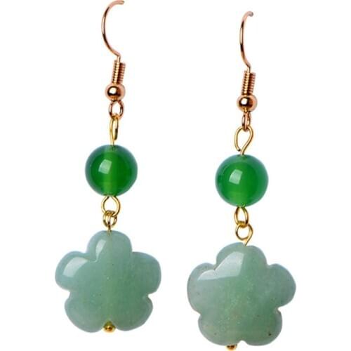Ethnic Style Light Yellow Gold Color Green Aventurine Flower Dangle Earrings for Women Agates Round Beads Jewelry