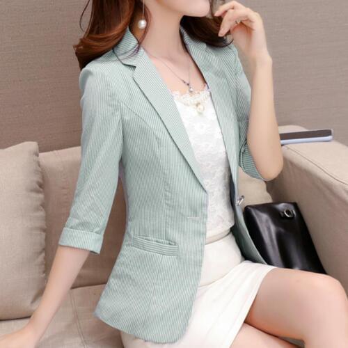 Plus size 3XL Women autumn three quarter Sleeve Small Suit Slim Solid Color Jacket Striped ol blazer