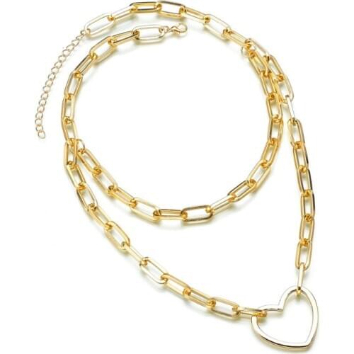 2Pcs/Lot Fashion Personality Creative Popular Multilayer Simple Thick Chain Hip Hop Love Pendant Necklace Women Choker Jewelry